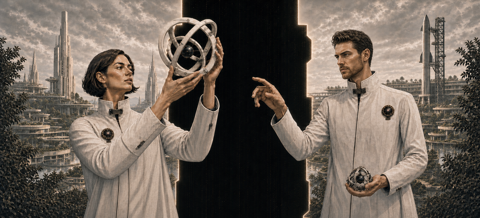 Two Farynth field operators examining armillary instruments beside a shared rift