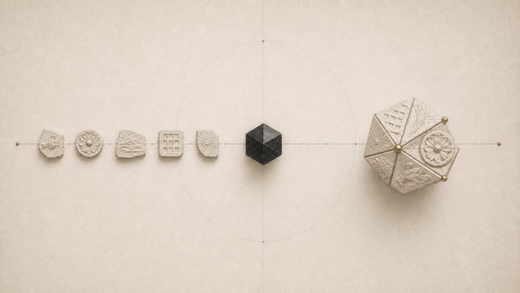 Five carved memory records entering a black machine interface and emerging as one structured memory form