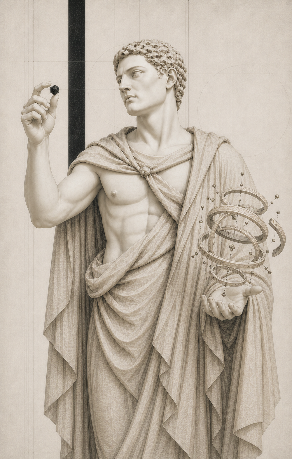 A classical Farynth researcher examining a compact spatial instrument