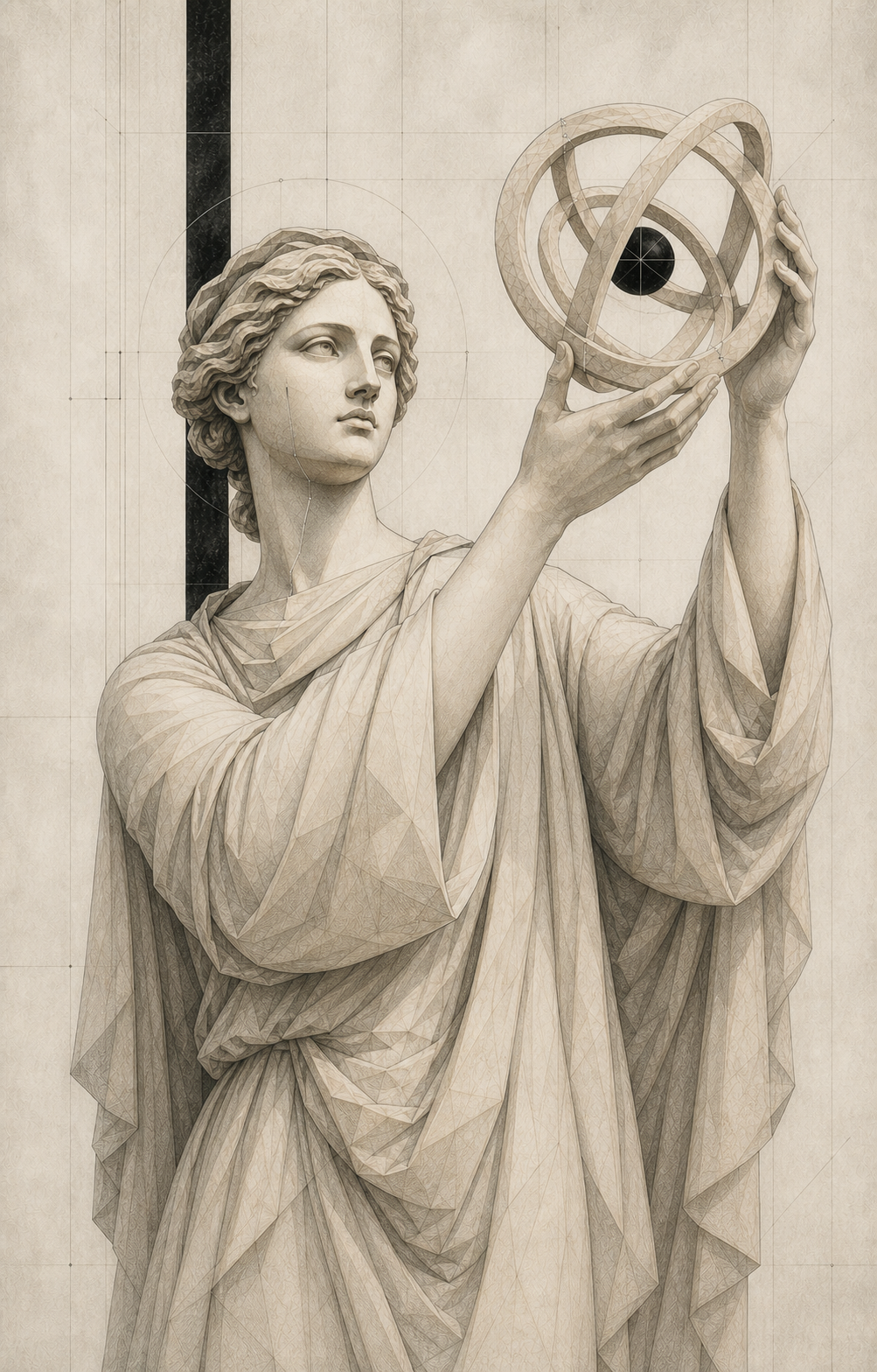 A classical Farynth figure studying a spatial instrument